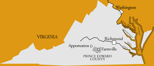 map of Virginia, highlighting Prince Edward County